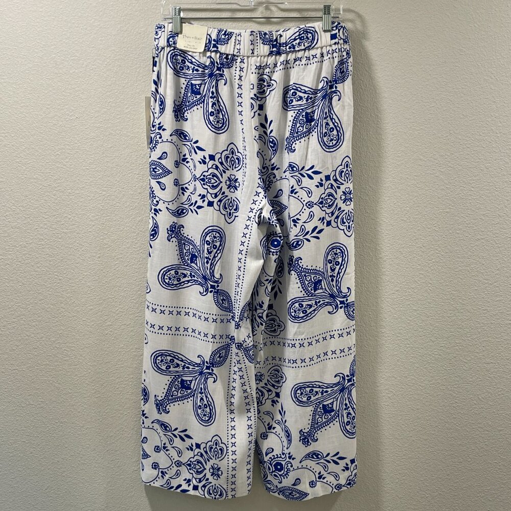 HAVER & BLAIR (NWT) Woven Wide Leg Pull On Crop Linen Blend Pants, BLU/WHT - M